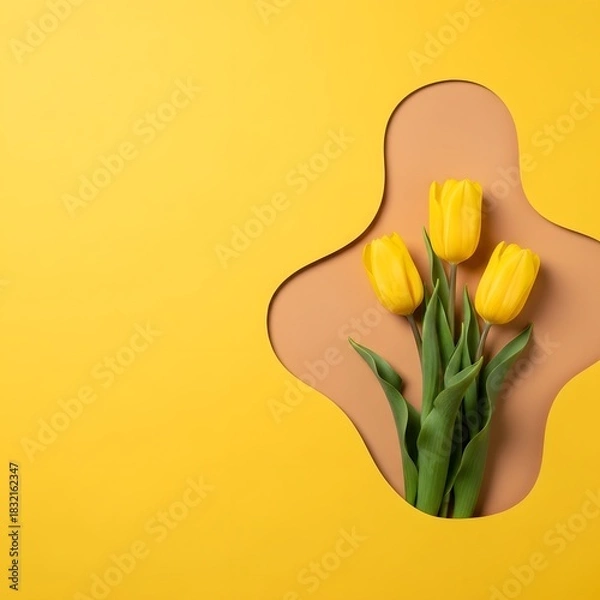 Fototapeta Three yellow tulips with green leaves against a cutout on yellow background