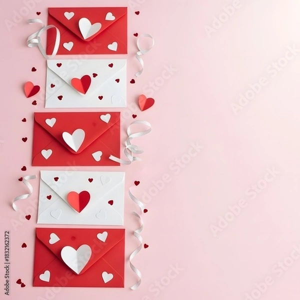Fototapeta Red and white envelopes with heart decorations on pink background