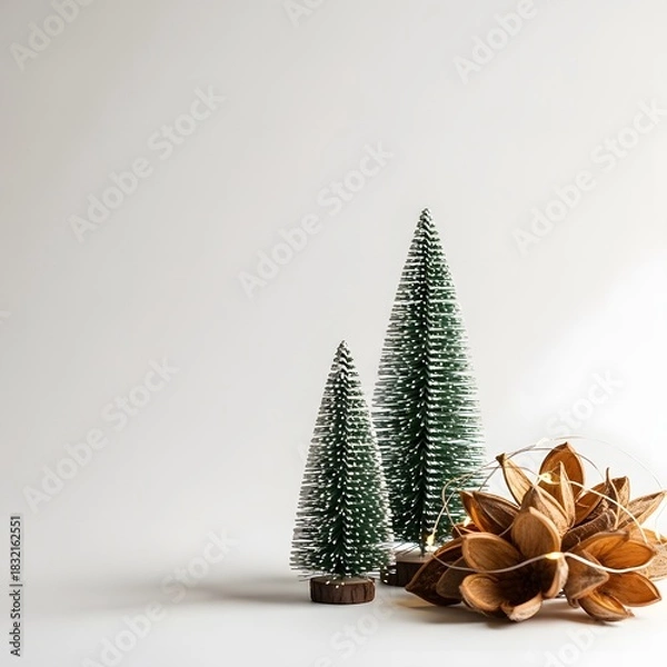 Fototapeta Two miniature bottle brush christmas trees with seed pod light decoration