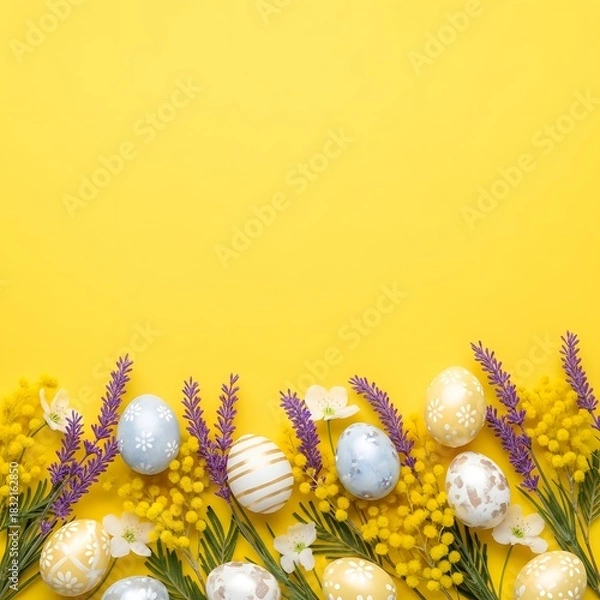 Fototapeta Easter eggs with flowers on yellow background, festive spring greeting