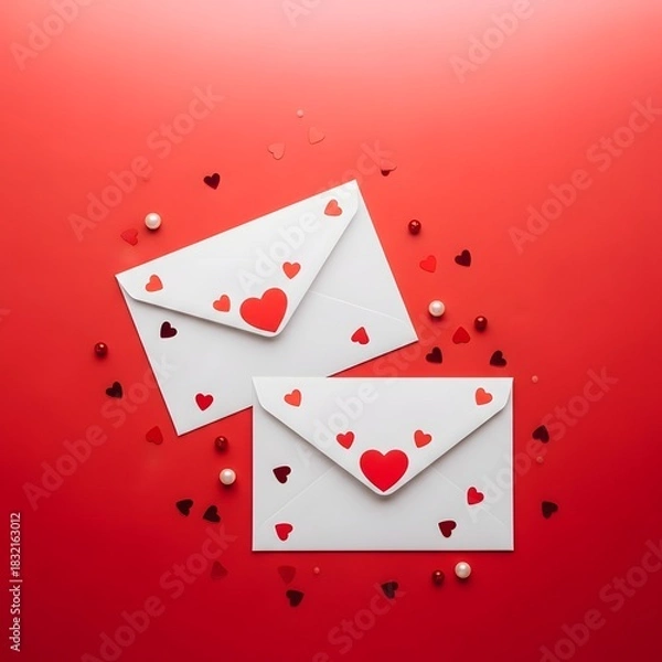 Fototapeta Two valentine's day envelopes decorated with red hearts on red background