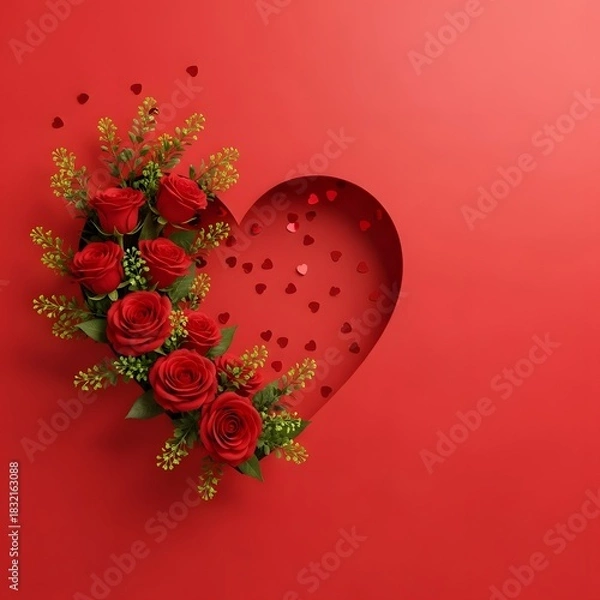 Fototapeta Red roses and heart shape with confetti on a red background