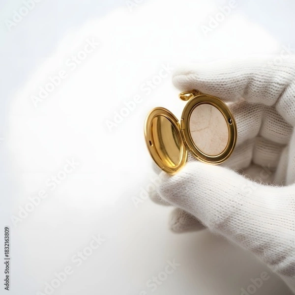 Fototapeta Gloved hand holds open antique gold oval locket with faded picture