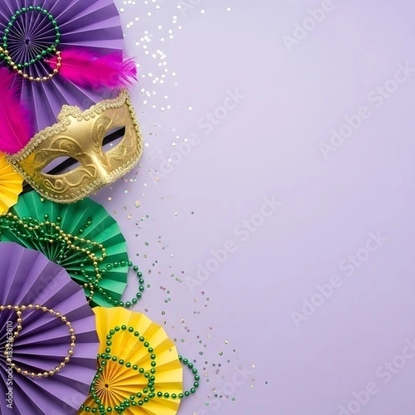 Fototapeta Mardi gras mask and beads with colorful fans and confetti on purple