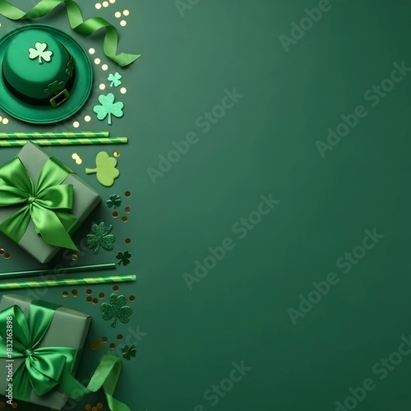 Fototapeta St. patrick's day celebration flat lay with gifts, shamrock and hat