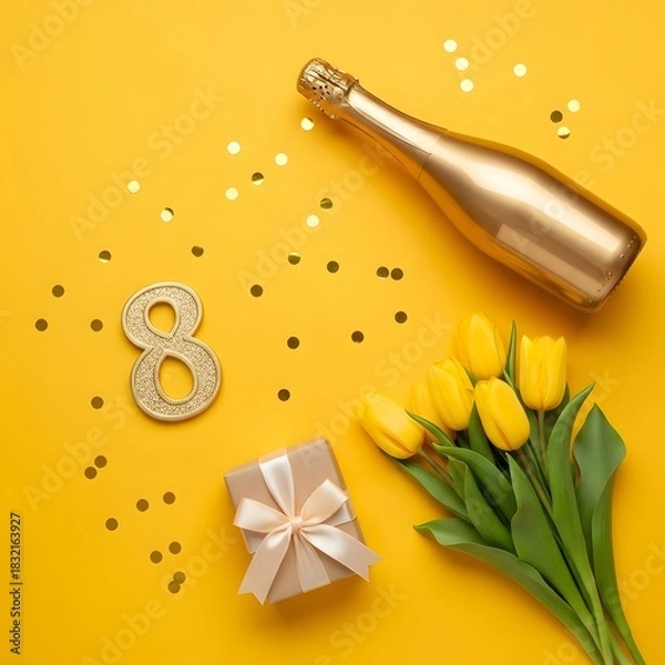 Fototapeta Number 8, champagne bottle, tulips, gift, and confetti on yellow