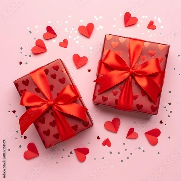 Fototapeta Two red gift boxes with ribbons and hearts on pink background