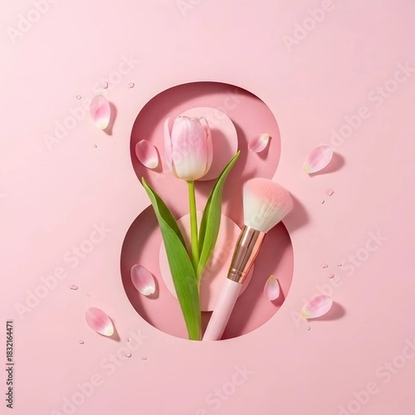 Fototapeta Pink tulip and makeup brush artfully arranged in a number eight shape