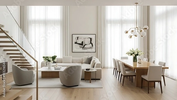 Fototapeta Bright and airy modern interior featuring open living and dining spaces with a neutral color