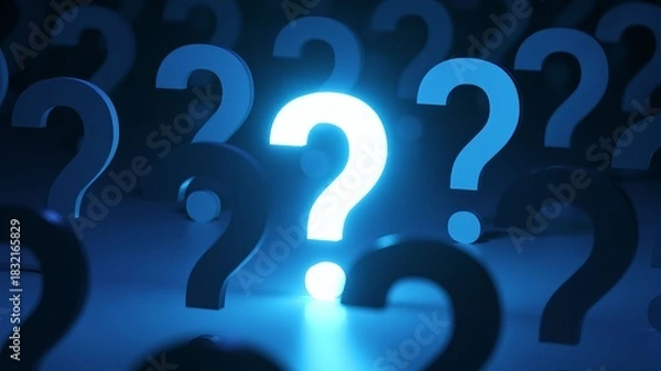 Obraz Luminous blue question mark standing out in a crowd of other symbols, representing concepts of inquiry, solution seeking, curiosity, and finding answers among multiple problems or doubts
