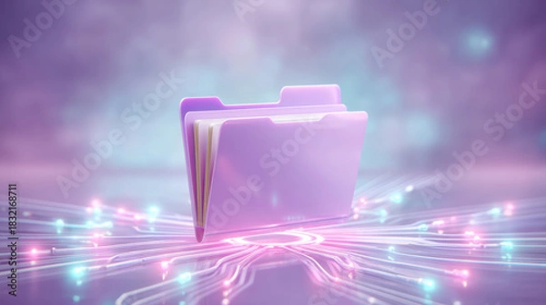 Fototapeta Cybersecurity glowing file folder digital data transfer with neon circuit lines