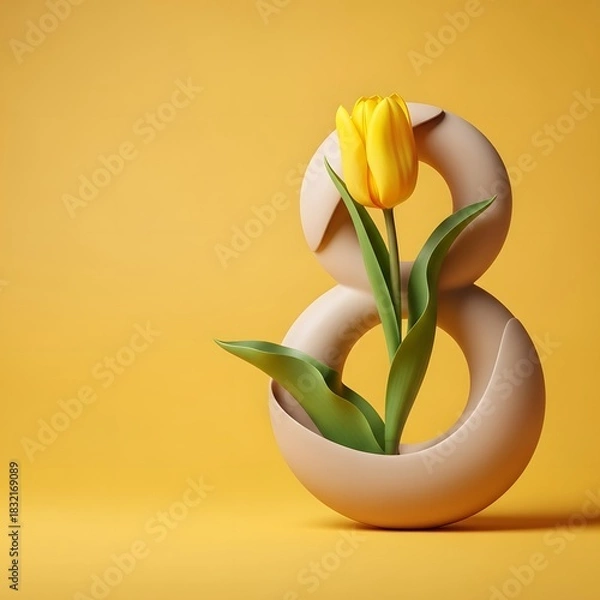 Fototapeta Yellow tulip inside a stylized number 8 on a plain background