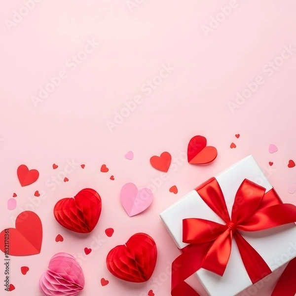 Fototapeta Gift box with red ribbon and hearts on pink background, top view.