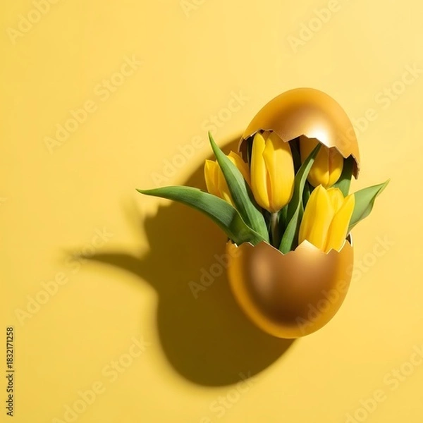 Fototapeta Golden easter egg cracked open with yellow tulips on yellow background