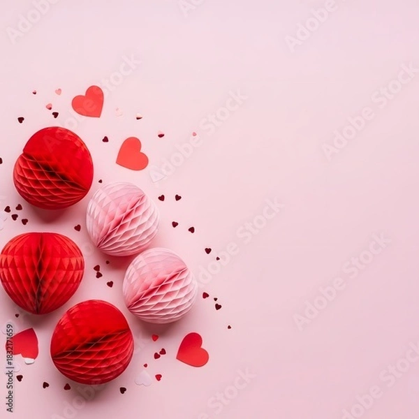 Fototapeta Red and pink honeycomb balls with heart confetti on a pastel background
