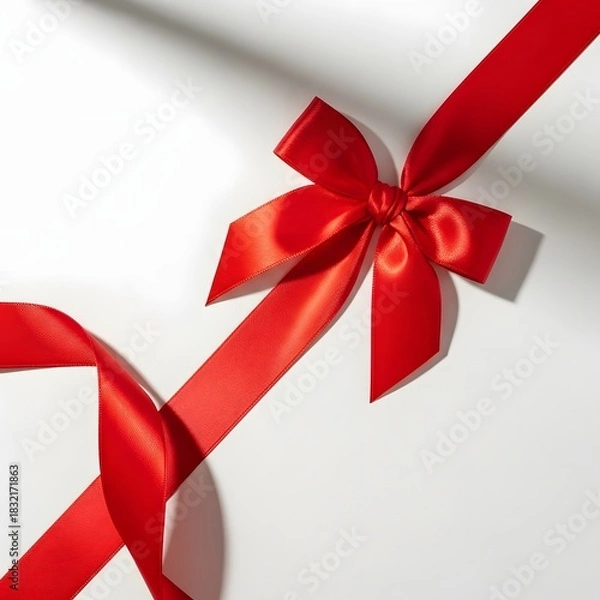 Fototapeta Elegant red ribbon bow on white surface with soft shadow and light