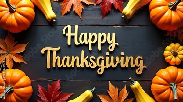 Fototapeta Elegant Happy Thanksgiving text overlay with bright pumpkins, gourds, and maple leaves on a textured dark wood background, rich autumn tones, festive mood