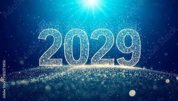 Obraz Sparkling 2029 text with glowing particles on a deep blue background, symbolizing a bright future and new beginnings.