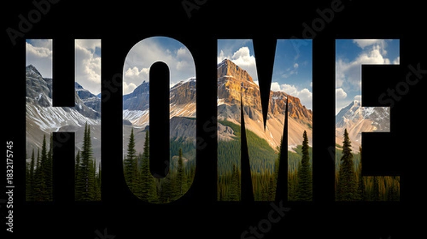 Obraz Mountain landscape inside bold HOME typography with dramatic rocky peaks, evergreen forest and warm sunset light on black background
