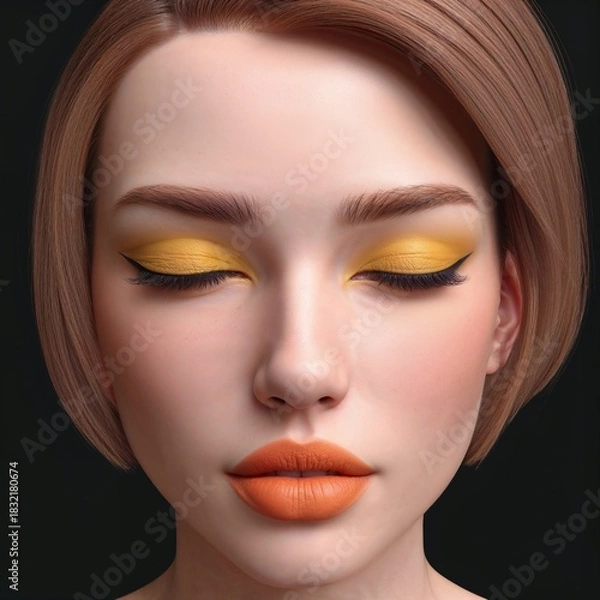 Fototapeta A close-up digital portrait of a fair-skinned woman with short light brown hair, closed eyes with yellow eyeshadow, matte orange lips, and a serene expression against a solid black background.