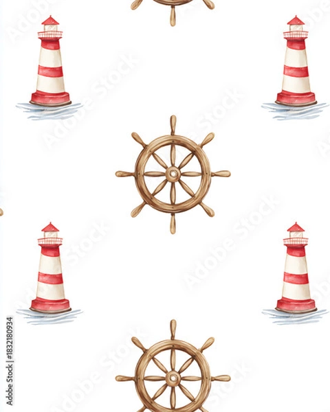 Obraz Seamless nautical pattern with watercolor red-and-white lighthouses and wooden ship wheels on a clean white background
