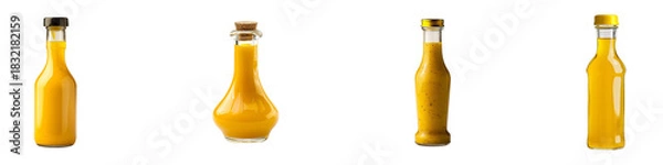 Fototapeta Glass Bottles Containing Yellow Liquid with Various Closures Isolated on transparent background generative ai