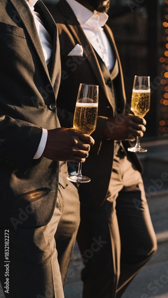 Fototapeta young black man with suit holding a glass of champagne 