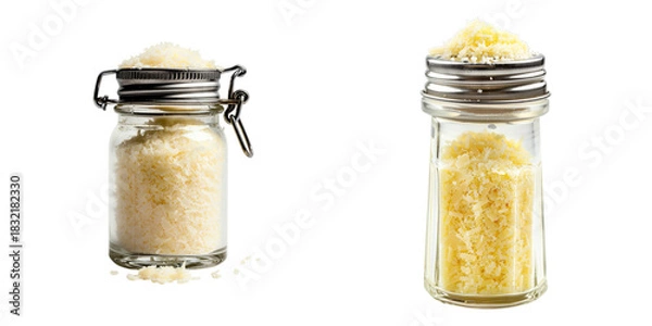 Fototapeta Parmesan cheese in jars with different colored grating lid styles
