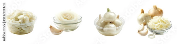 Fototapeta Different Presentations of Onions in Clear Bowls, featuring Whole Sliced Onions