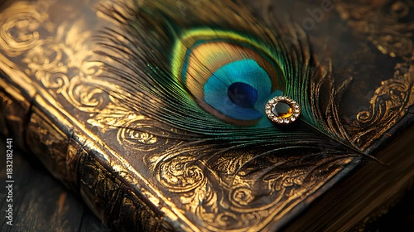 Fototapeta A Peacock Feather Laying on an Ancient Book with Gold Ornaments Close Up