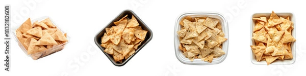Fototapeta Variety of crispy tortilla chips arranged in different containers for snacking