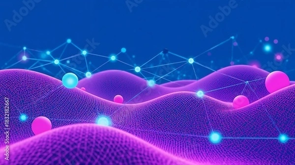 Fototapeta Abstract digital landscape with glowing network connections and data points