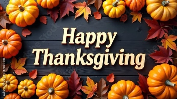 Fototapeta Festive Happy Thanksgiving greeting text framed by harvest pumpkins, assorted squash, and scattered autumn leaves over deep brown wooden background, rich and warm composition