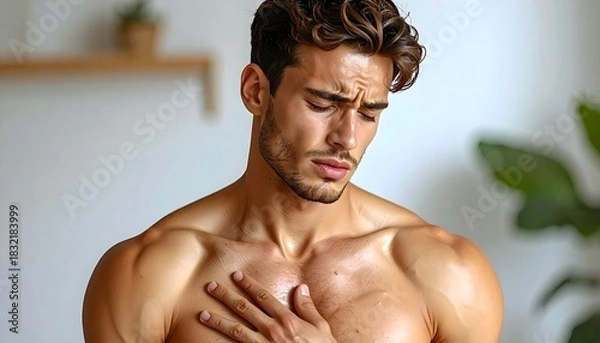 Fototapeta Young man experiences chest pain, showing signs of distress related to heart attack in a bright indoor setting