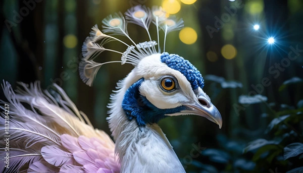 Fototapeta Close Up Portrait of White Peacock Head with its beautiful tail in the background