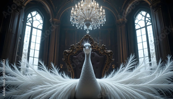 Fototapeta Portrait of White Peacock with its beautiful Feather Sitting in a Vintage Castle