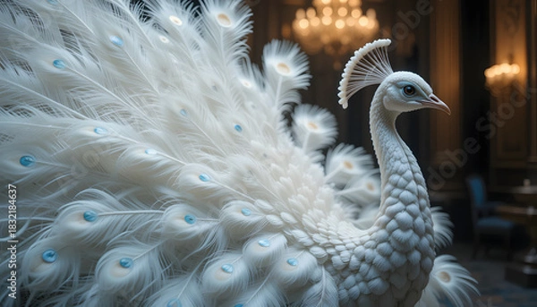 Fototapeta Portrait of White Peacock with its beautiful Feather, Side View