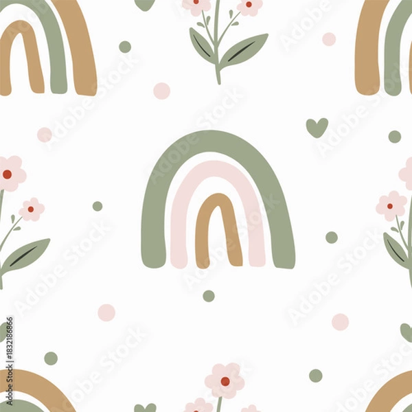 Fototapeta Clean seamless rainbow pattern with tiny florals in a modern boho style for kids and festive winter projects.