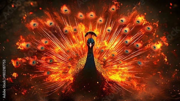 Fototapeta Portrait of Peacock with lava and fire feathers looking furiously at camera