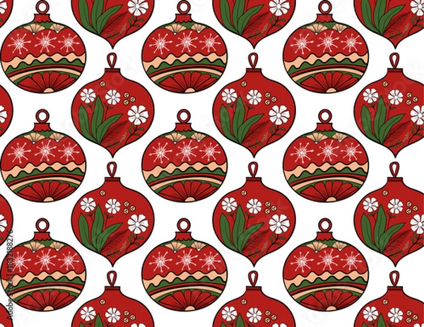 Fototapeta Festive seamless pattern with red Christmas ornaments and decorative baubles on a light background.
