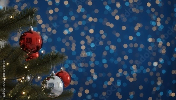 Obraz Close up of a decorated Christmas tree with bokeh lights background.