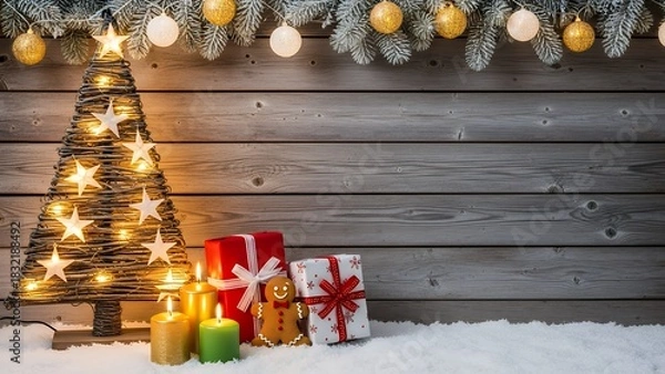 Obraz Cozy Christmas Scene with Decorated Tree and Gifts.