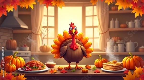 Fototapeta Happy Thanksgiving celebration vector artwork with a smiling cartoon turkey, decorative autumn foliage, warm seasonal palette, fun and family-friendly style