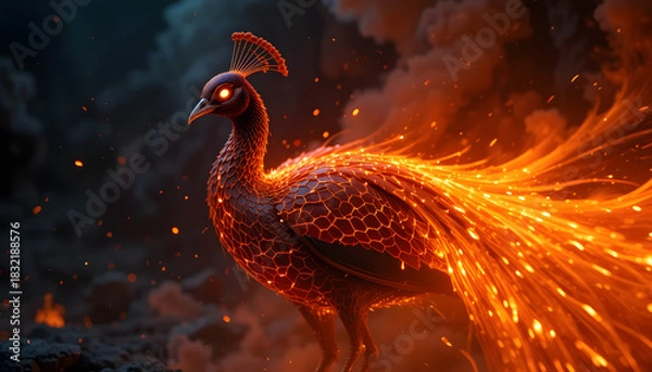 Fototapeta Portrait of Peacock with lava and fire feathers looking furiously, Side View with Smoke Behind as a Background