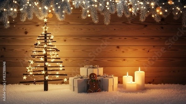 Obraz Cozy Christmas Scene with Gifts and Candles on Snowy Surface.