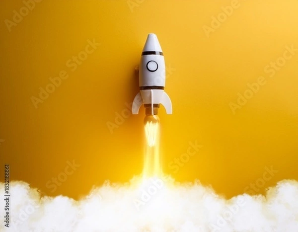 Fototapeta light bulb taking off like rocket on yellow background startup and business concept