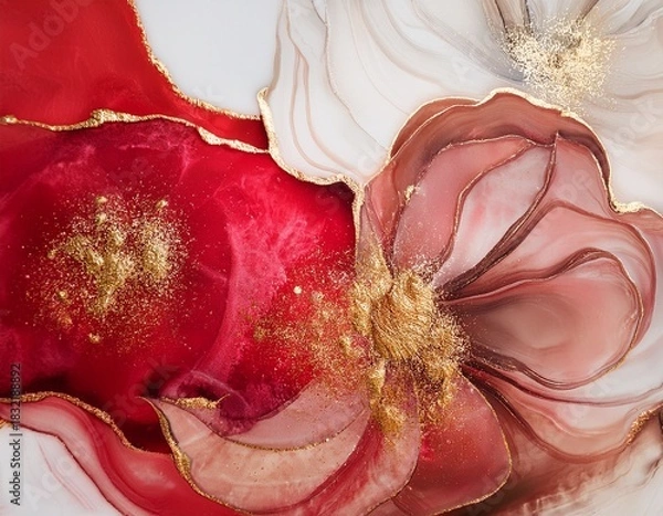 Fototapeta lotus marble texture with abstract red white glitter and gold background alcohol ink colors