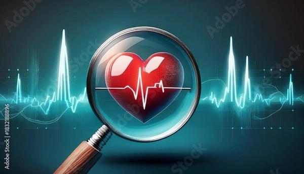 Fototapeta magnifying glass with heart and graph with heartbeat concept of health and medical care