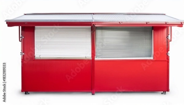 Fototapeta red kiosk with closed rolling shutter small portable booth with bright red panels and a white metal shutter isolated on white background