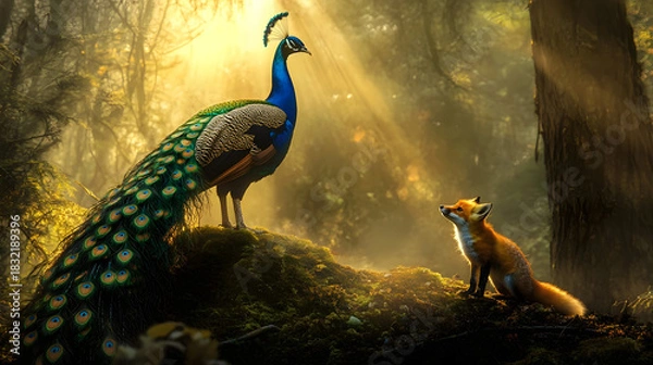 Fototapeta Peacock and a fox staring at each other in the woods with some sunlight coming through from tree and branches